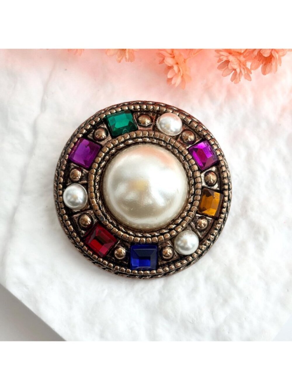 Rainbow Rhinestone Faux Pearl Colorful 80's Vintage Costume Jewelry Brooch - Picture 3 of 10